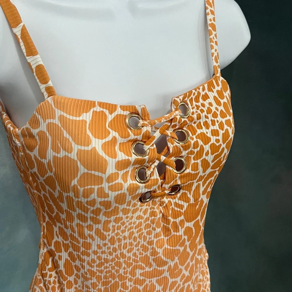 Tinibikini Orange‎ Giraffe Ribbed Lace Up One Piece Swimsuit Medium RN 151671